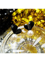 Faux Pearl Black Rhinestone Decorated Ear Studs