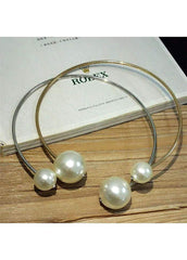 Faux Pearl Decorated Gold Metal Open Choker Necklace