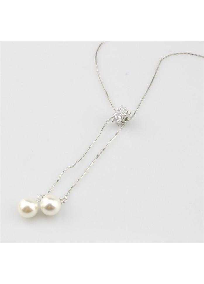 Faux Pearl Decorated Tassel Design Gold Metal Necklace
