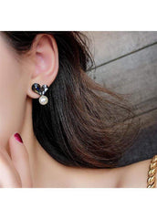 Faux Pearl Gray Rhinestone Decorated Ear Studs