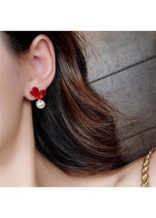 Faux Pearl Red Rhinestone Decorated Ear Studs
