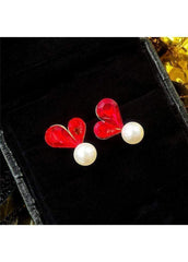 Faux Pearl Red Rhinestone Decorated Ear Studs