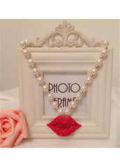 Faux Pearl Rose Red Lip Embellished Necklace