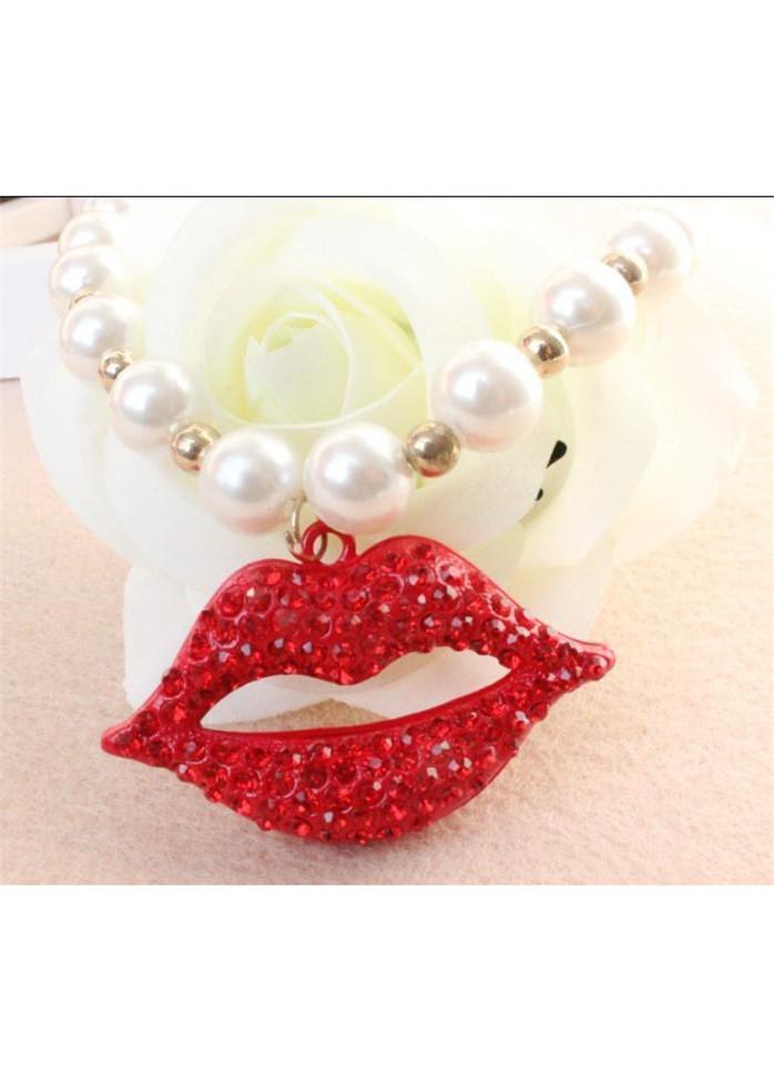 Faux Pearl Rose Red Lip Embellished Necklace