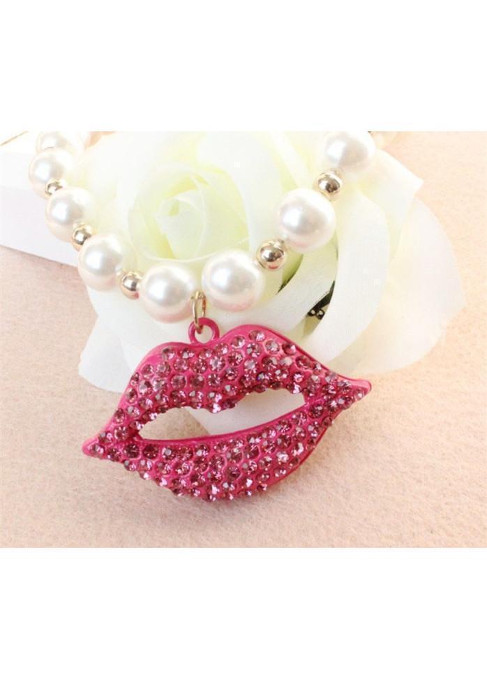 Faux Pearl Rose Red Lip Embellished Necklace