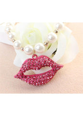 Faux Pearl Rose Red Lip Embellished Necklace