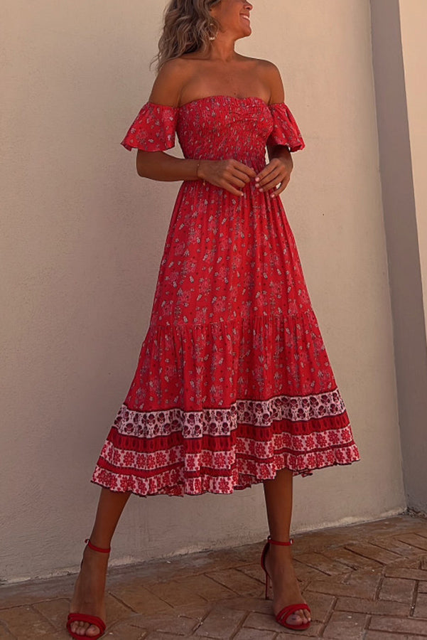 Francisca Boho Floral Smocked Off Shoulder Midi Dress