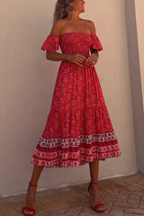 Francisca Boho Floral Smocked Off Shoulder Midi Dress