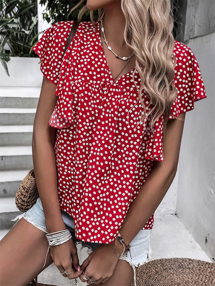 Summer Women's Bohemian Wind Top Floral V-neck Ruffle Short-sleeved Casual Comfortable T-shirt Commuter Style Shirt Female