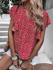 Summer Women's Bohemian Wind Top Floral V-neck Ruffle Short-sleeved Casual Comfortable T-shirt Commuter Style Shirt Female