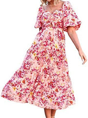 Summer Women's New Square Collar Bubble Short-sleeved Back Pleated Print Casual Wind Medium-length Dress Dress High Waist Puffy Dress