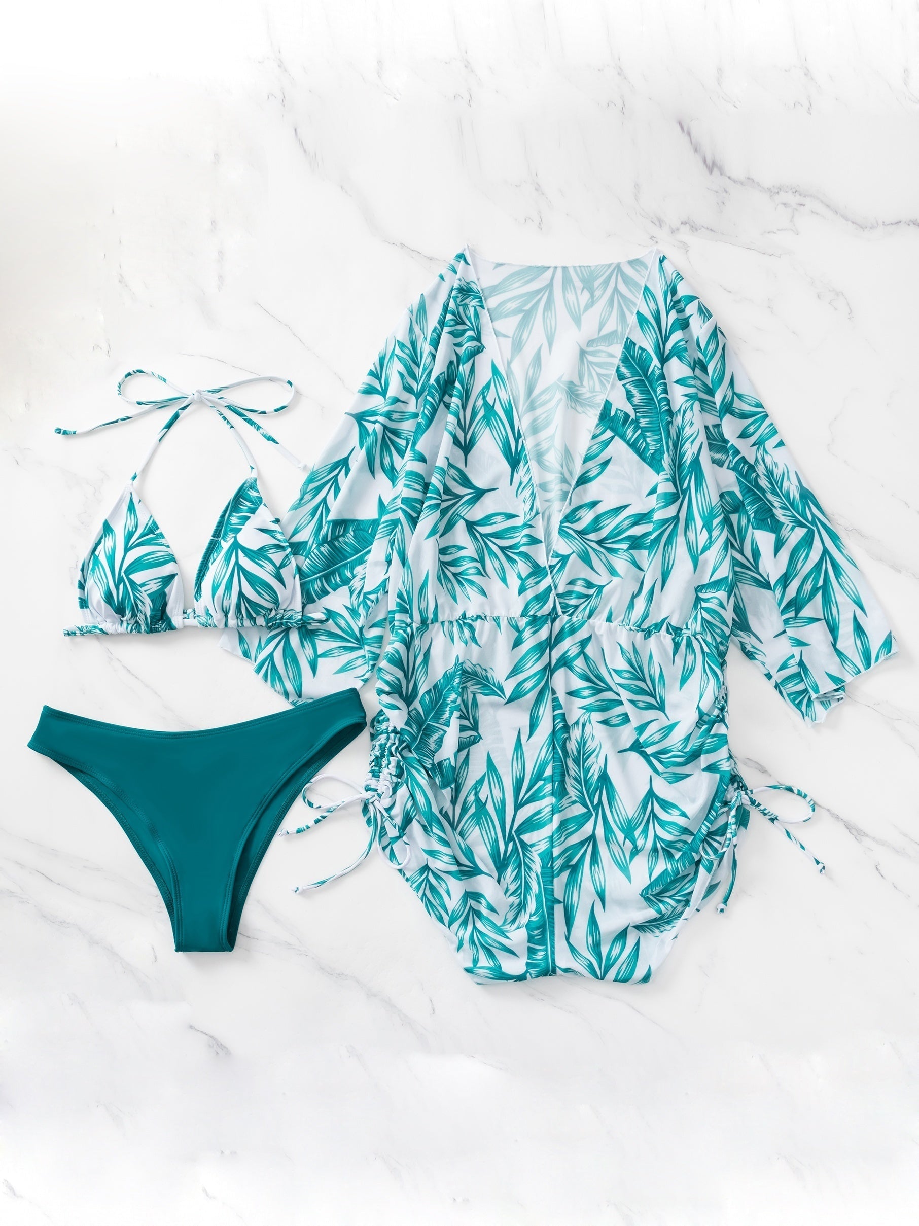 3-piece Leaf Plant Print Triangle Halter Neck Bikini Sets