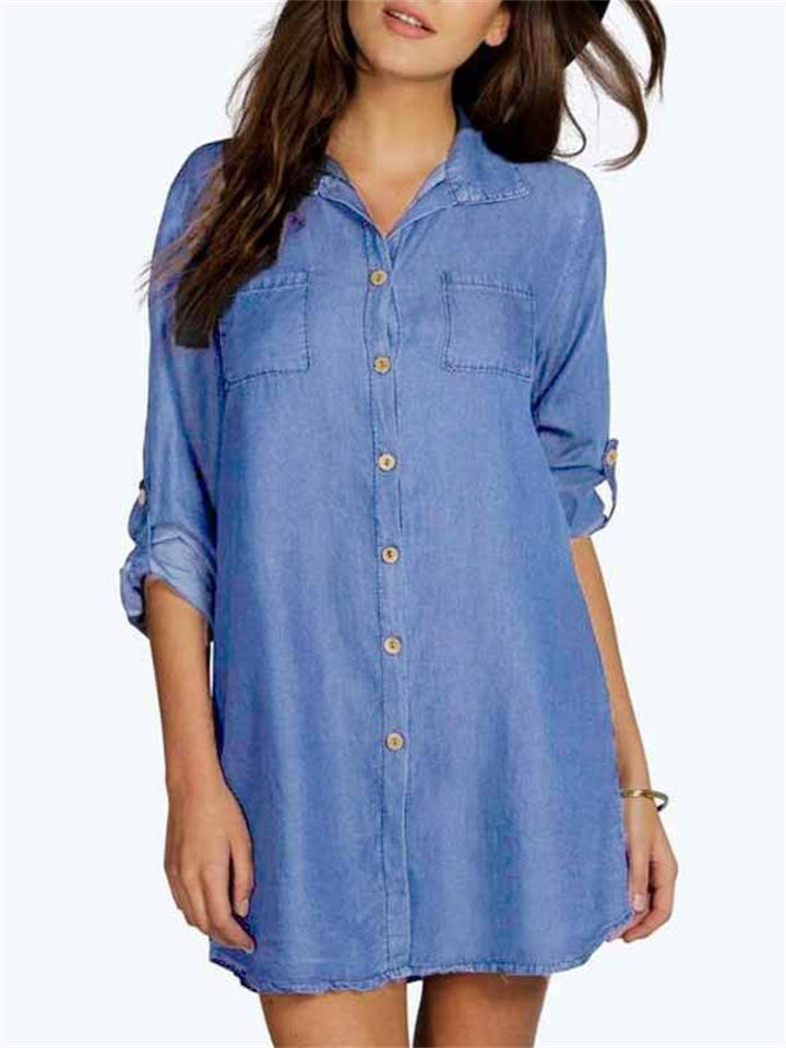 Spring and Summer Casual Solid Color Women's New Lapel Long-sleeved Fashion Multi-color Temperament Commuter Elegant Cardigan Denim Shirt