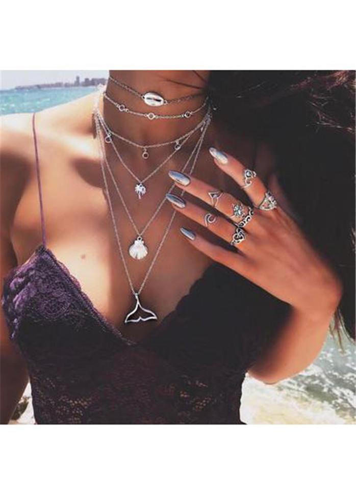 Fishtail and Shell Pendant Silver Layered Necklace