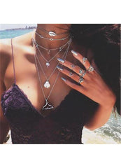 Fishtail and Shell Pendant Silver Layered Necklace