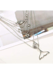 Fishtail and Shell Pendant Silver Layered Necklace