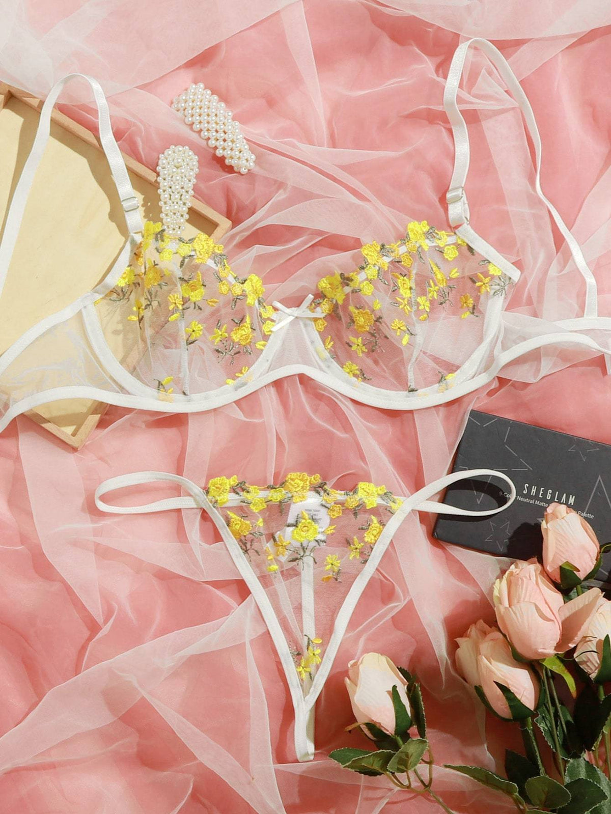 Floral Embroidered Mesh Underwire Lingerie Set
