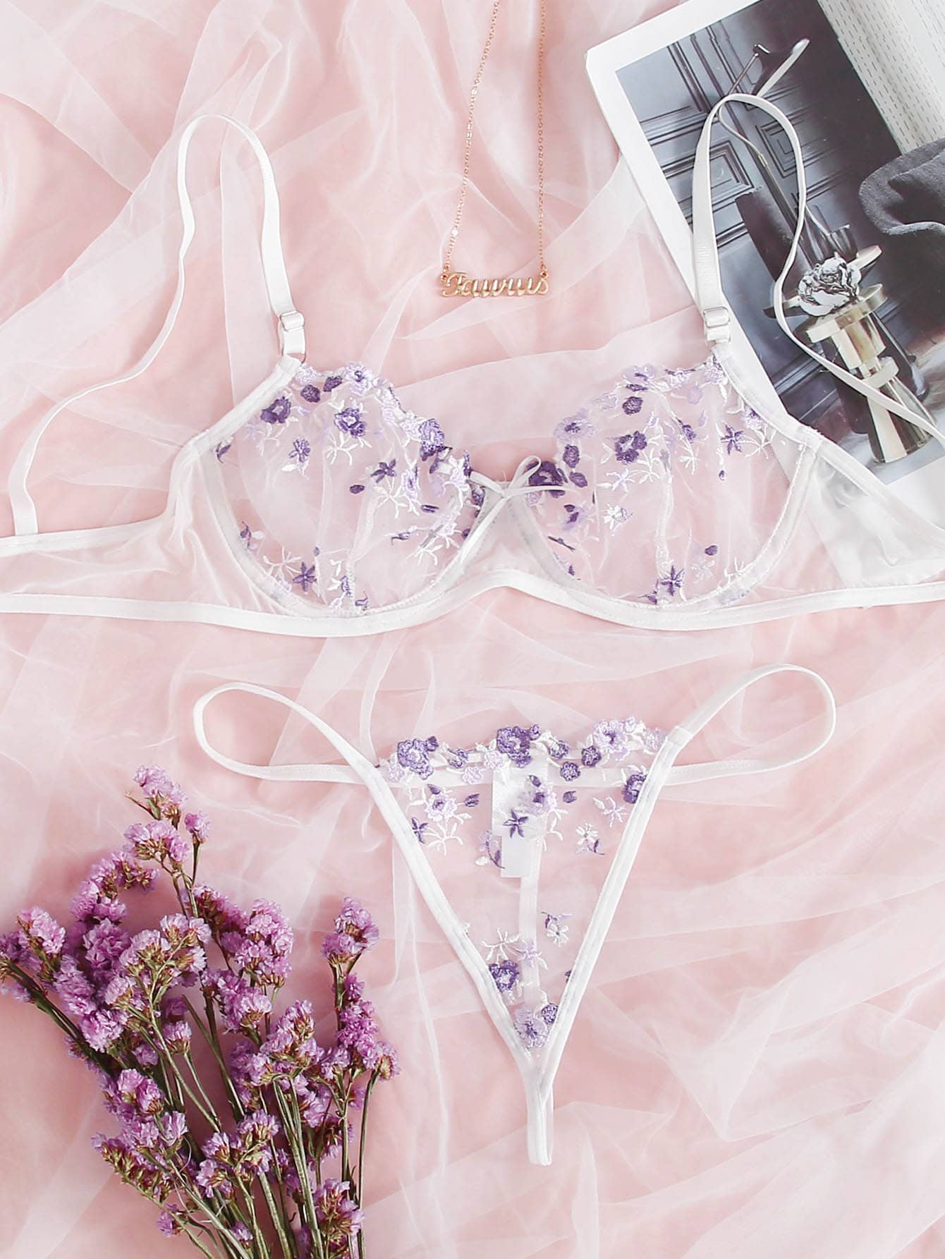 Floral Embroidered Mesh Underwire Lingerie Set