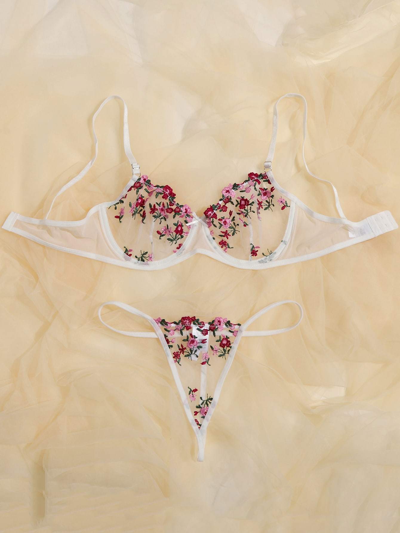 Floral Embroidered Mesh Underwire Lingerie Set