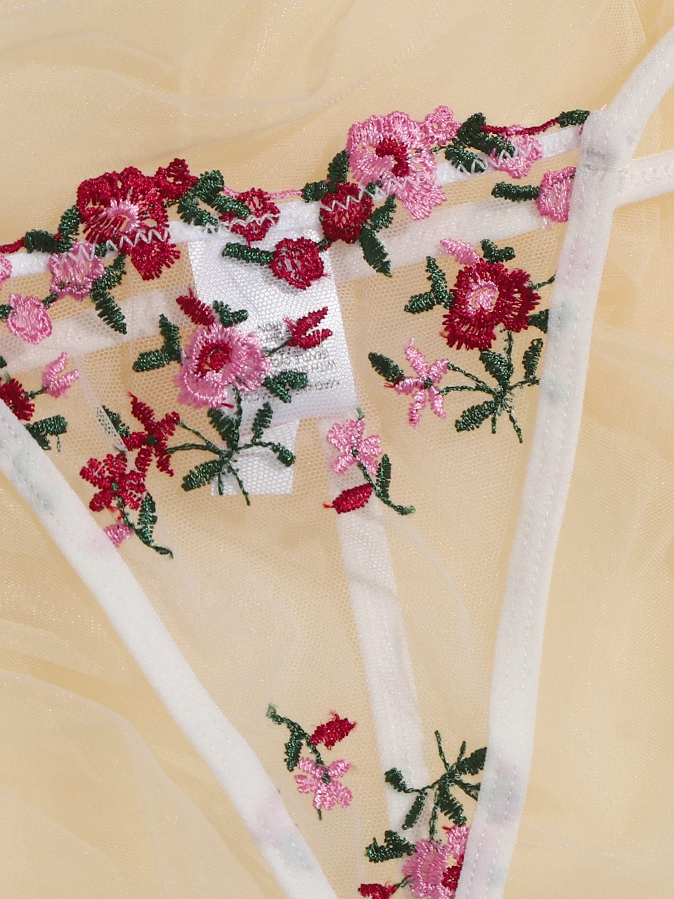 Floral Embroidered Mesh Underwire Lingerie Set