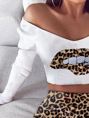 Leopard Print Lip Top & Skirt Two-Piece Suit