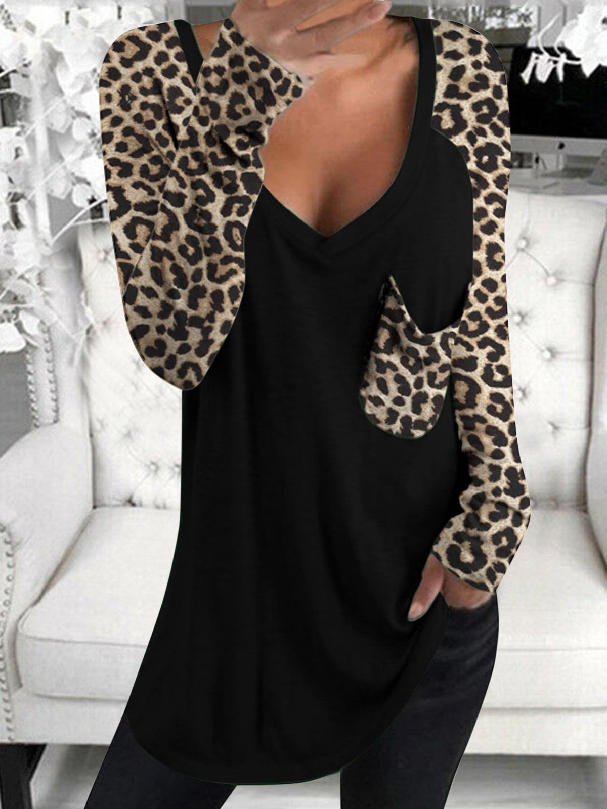 Leopard Print Long Sleeve V-neck Pocket Casual Blouses