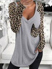 Leopard Print Long Sleeve V-neck Pocket Casual Blouses