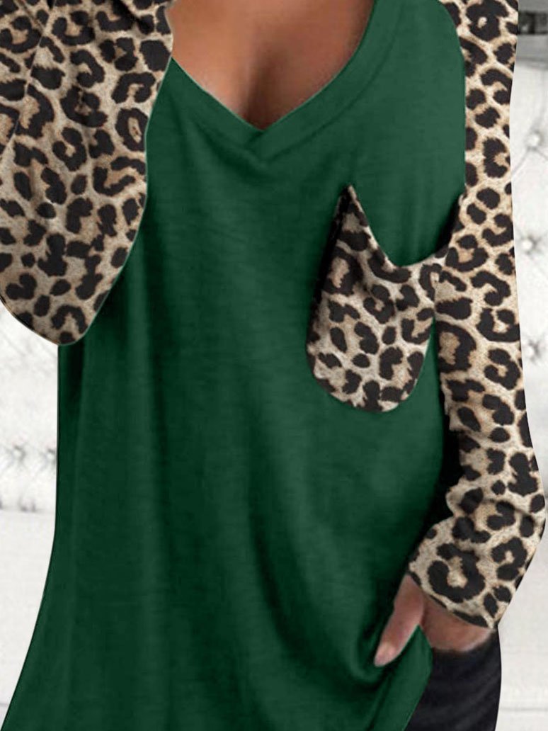 Leopard Print Long Sleeve V-neck Pocket Casual Blouses