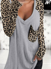 Leopard Print Long Sleeve V-neck Pocket Casual Blouses