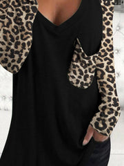 Leopard Print Long Sleeve V-neck Pocket Casual Blouses