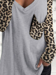 Leopard Print Long Sleeve V-neck Pocket Casual Blouses