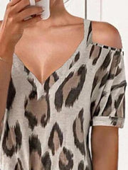 Leopard Print Off-Shoulder V-Neck Short Sleeve T-Shirts