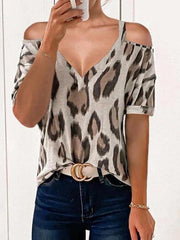 Leopard Print Off-Shoulder V-Neck Short Sleeve T-Shirts