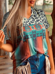 Leopard Print Round Neck Short Sleeve T-shirt