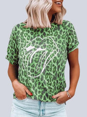 Leopard Print Round Neck Tops