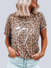 Leopard Print Round Neck Tops