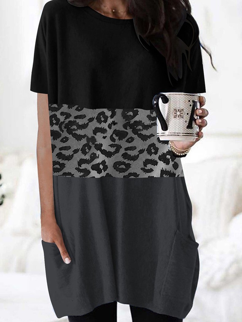 Leopard Print Short Sleeve Pocket Dress