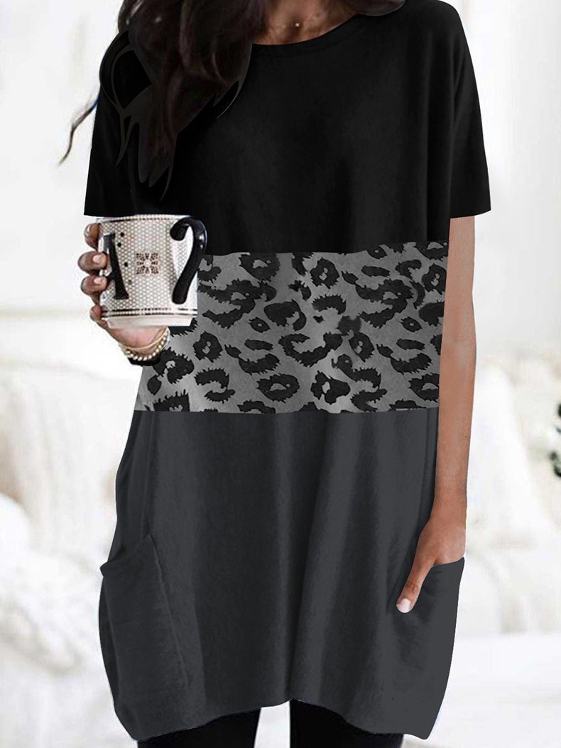 Leopard Print Short Sleeve Pocket Dress