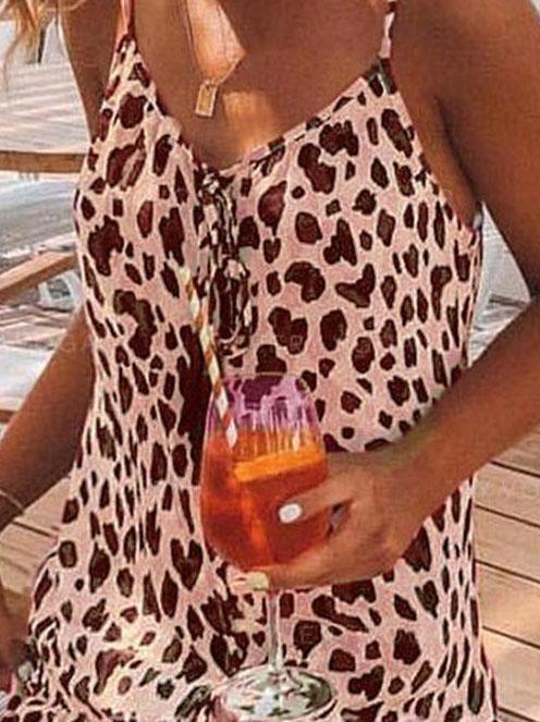 Leopard Print V-neck Casual Suspender Dress