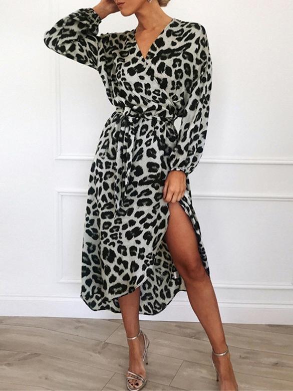 Leopard Print V-neck High Waist Irregular Dress