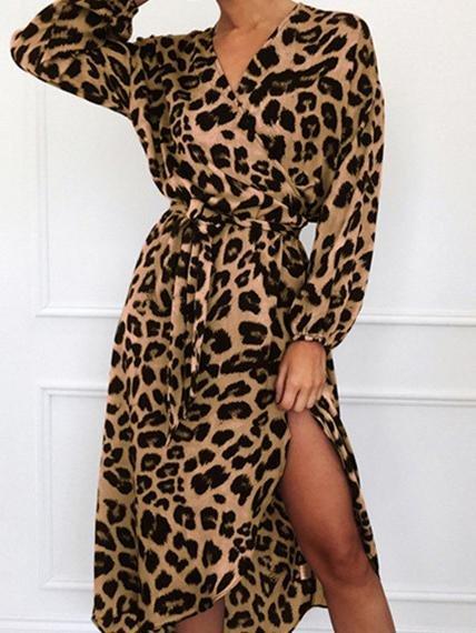 Leopard Print V-neck High Waist Irregular Dress