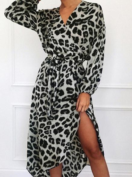Leopard Print V-neck High Waist Irregular Dress