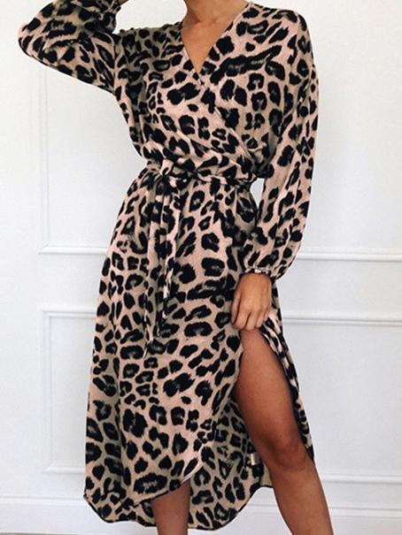 Leopard Print V-neck High Waist Irregular Dress