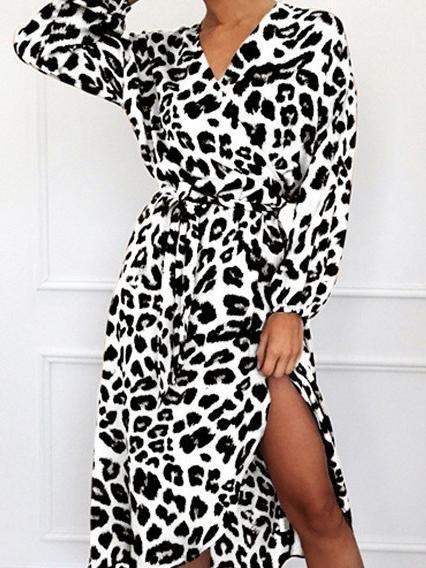 Leopard Print V-neck High Waist Irregular Dress