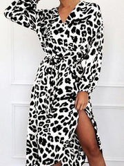 Leopard Print V-neck High Waist Irregular Dress