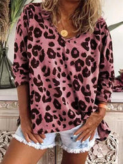 Leopard Print V-Neck Long Sleeve T-Shirt