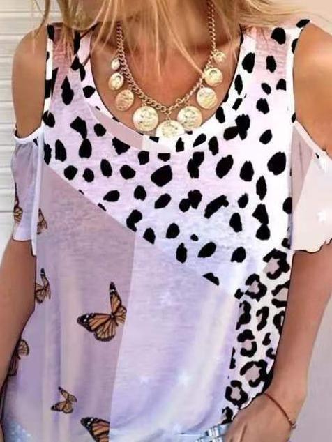 Leopard Printed Off Shoulder Casual T-shirt