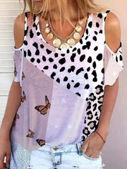 Leopard Printed Off Shoulder Casual T-shirt