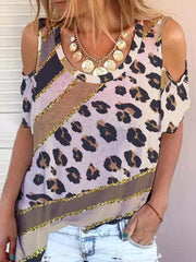 Leopard Printed Off Shoulder Casual T-shirt