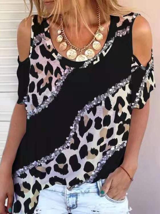 Leopard Printed Off Shoulder Casual T-shirt